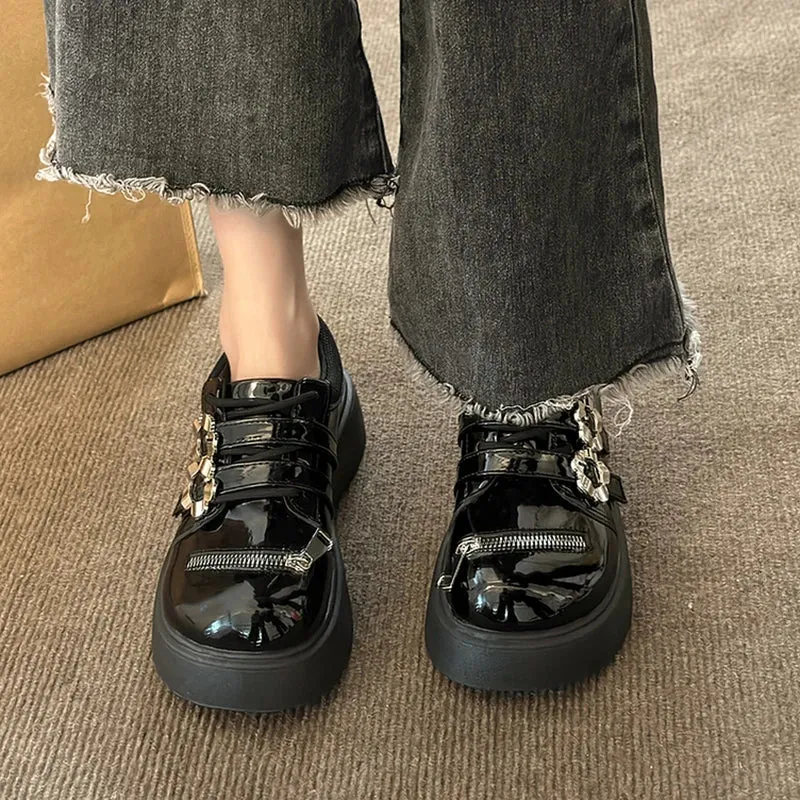 binfenxie  -  Women Pumps Mary Jane Derby Metal Decoration Platform Flat Heel Female Shoes Ladies Wedge Lolita Gothic Retro Punk Footwear