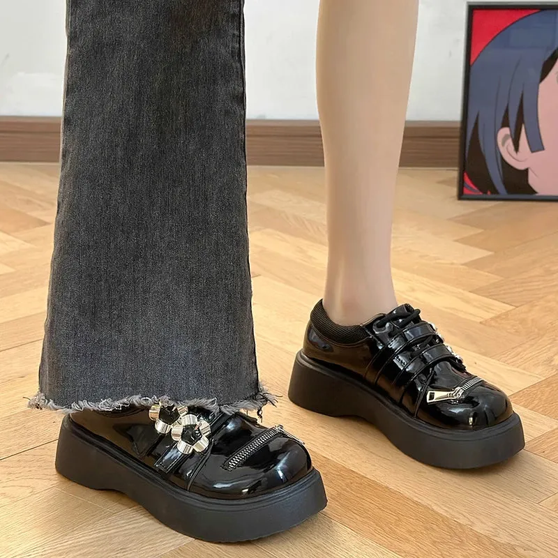 binfenxie  -  Women Pumps Mary Jane Derby Metal Decoration Platform Flat Heel Female Shoes Ladies Wedge Lolita Gothic Retro Punk Footwear
