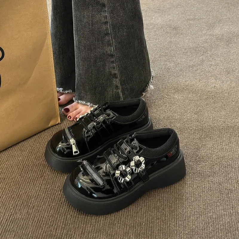 binfenxie  -  Women Pumps Mary Jane Derby Metal Decoration Platform Flat Heel Female Shoes Ladies Wedge Lolita Gothic Retro Punk Footwear