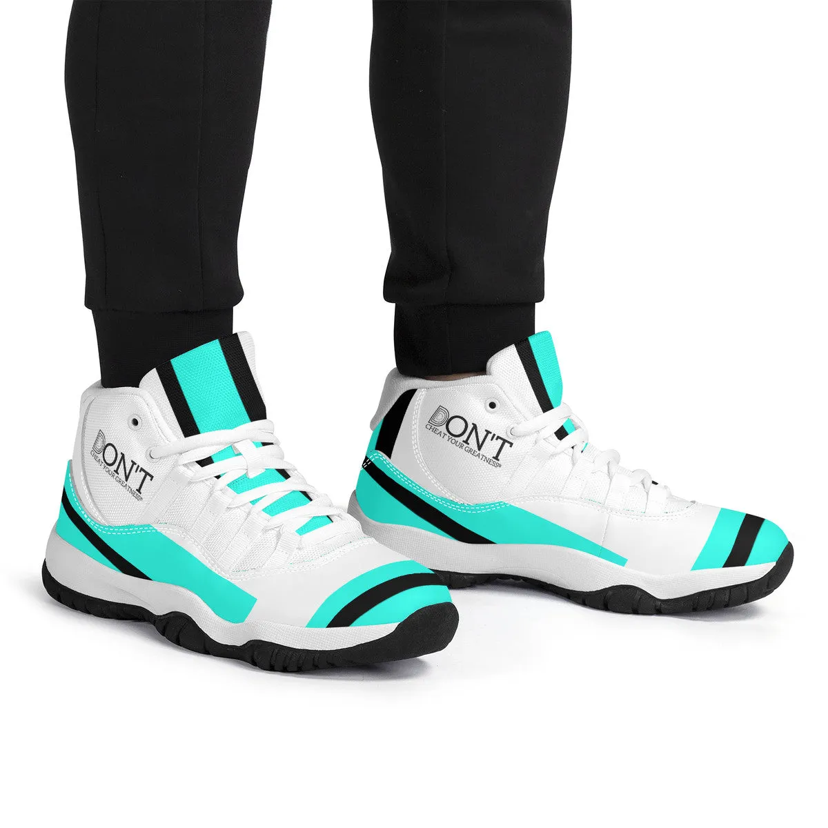 DONT D4X Black  Logo ,Teal,Black Stripes & White High Top Air Retro Sneakers - White
