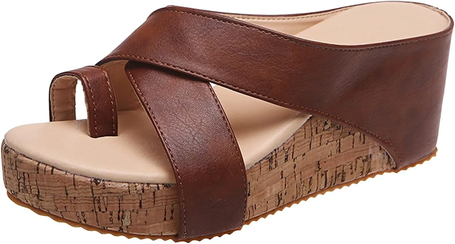 Eduavar Sandals Women Dressy Summer Flat, Sandals Women Fashion Dressy Ring Toe Platform Wedge Sandals Slip On Shoes