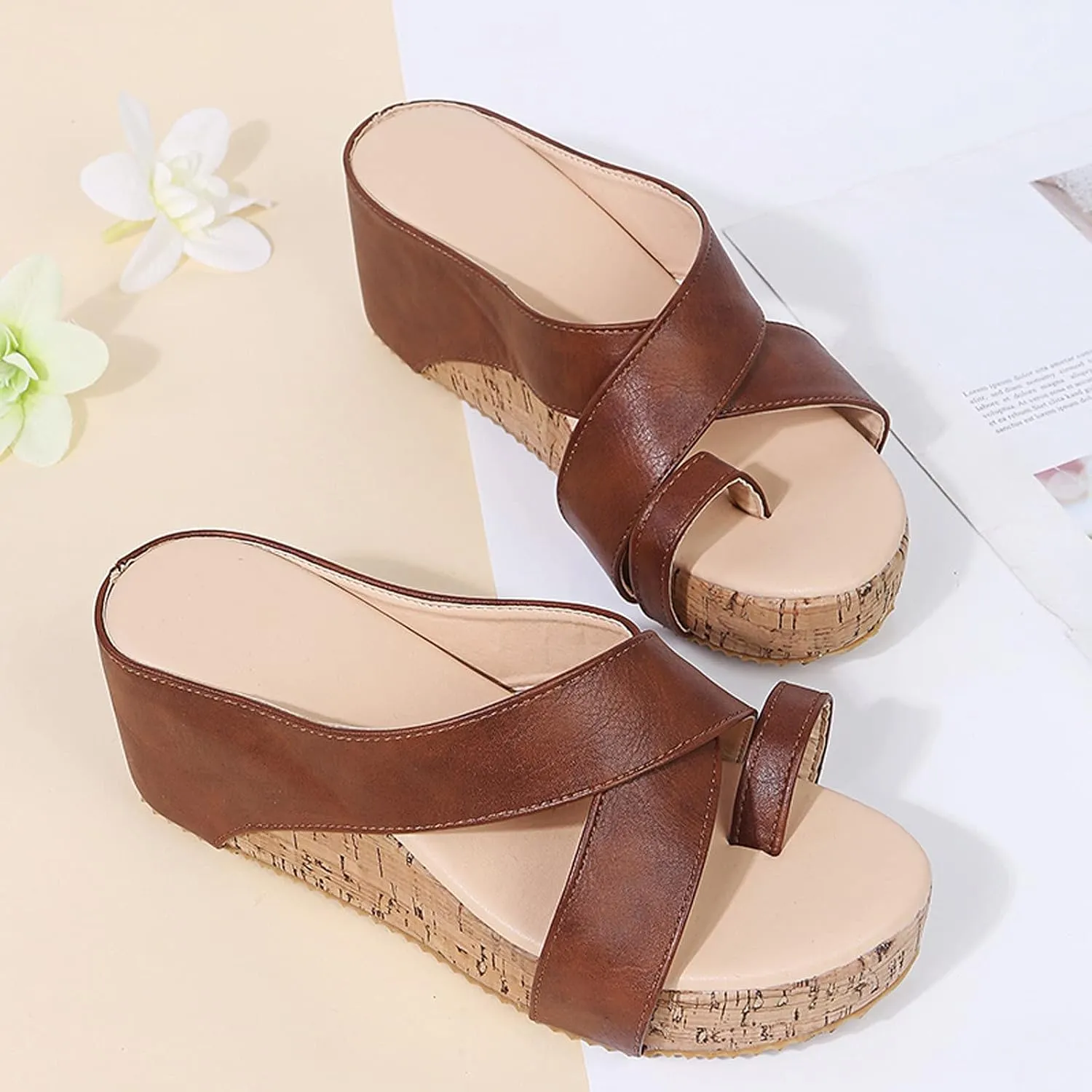 Eduavar Sandals Women Dressy Summer Flat, Sandals Women Fashion Dressy Ring Toe Platform Wedge Sandals Slip On Shoes