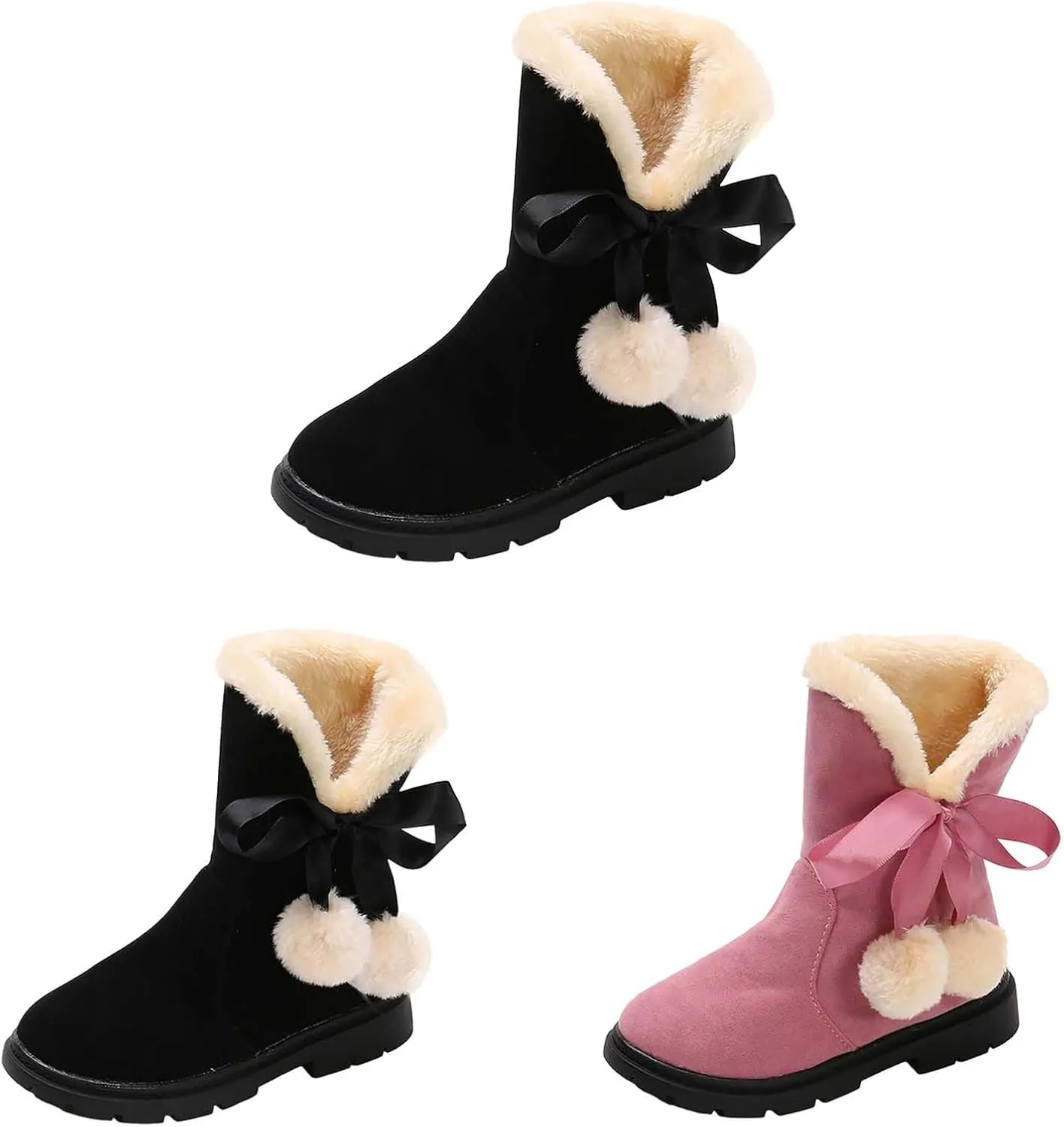 Girls Winter Warm  Boots Mid-Calf Bowknot Princess Booties Kids Lightweight Soft Plush Velvet Snow Shoes