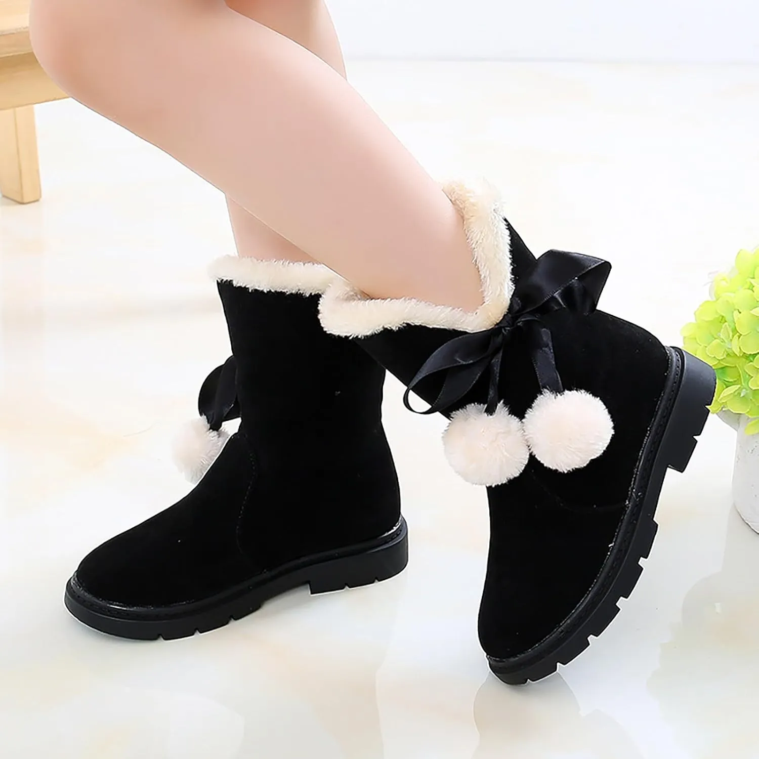 Girls Winter Warm  Boots Mid-Calf Bowknot Princess Booties Kids Lightweight Soft Plush Velvet Snow Shoes