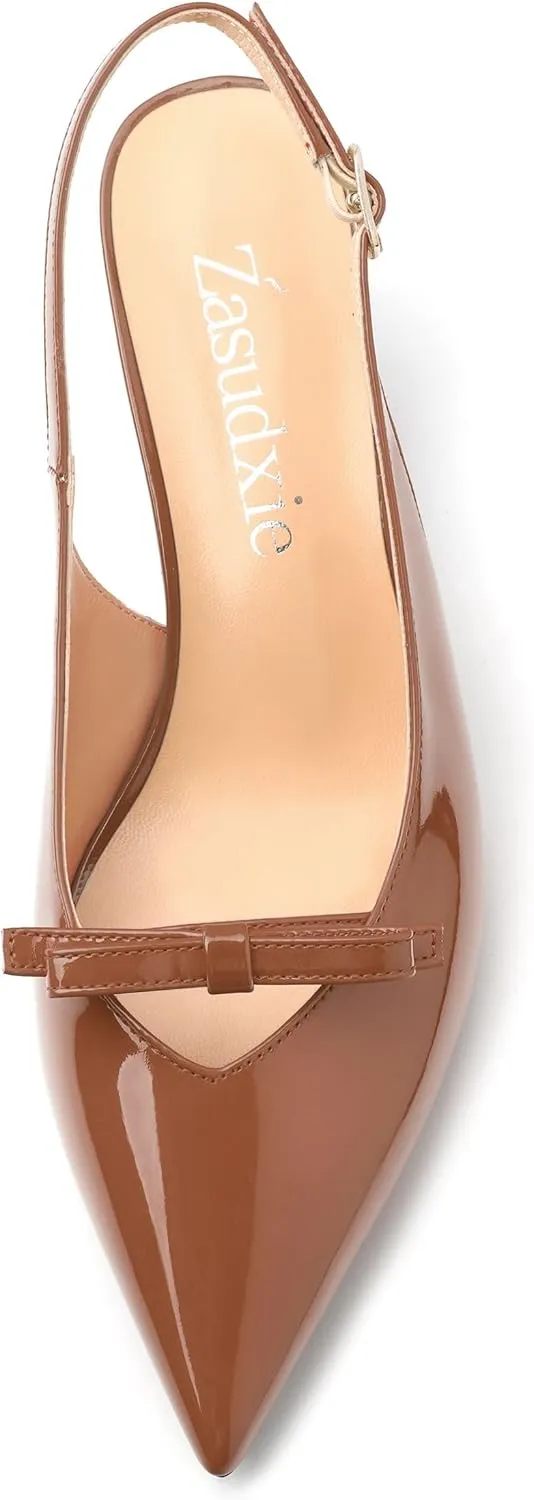 Kitten Heels for Women with Bow, Womens Slingback Low Heels, Closed Pointed Toe Patent Pumps Shoes for Dress Work Office Casual 2 Inch