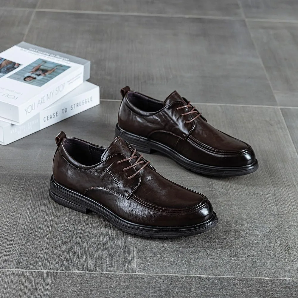Men's Genuine Leather Lace Up Oxfords Comfortable Round Toe Flat Bottom Non-Slip Slip-On Driving Shoes for Driving Daily Work Office