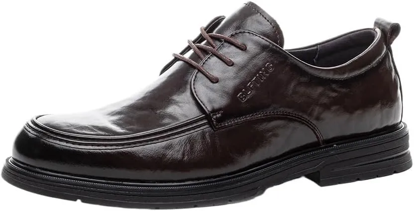 Men's Genuine Leather Lace Up Oxfords Comfortable Round Toe Flat Bottom Non-Slip Slip-On Driving Shoes for Driving Daily Work Office