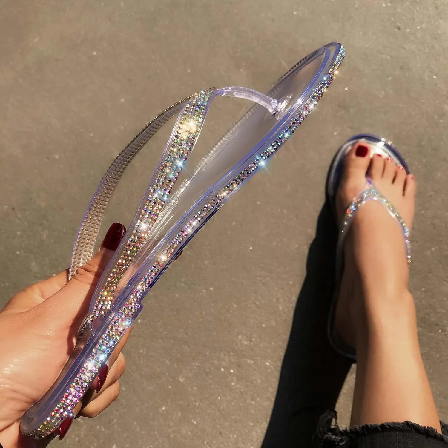 Rhinestone Thong Sandals for Women,Summer Flip-Flops Shoes Colored Diamond Craft Edge Diamond Flat Slippers