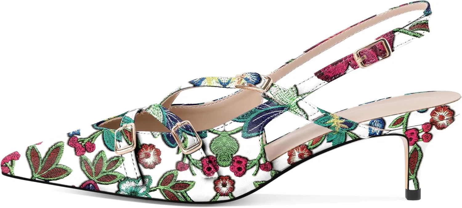 Soireelady Womens Slingback Kitten Heels Closed Pointed Toe Low Heel Pumps with Buckle Straps Fashion Wedding Dress Shoes 2 Inches
