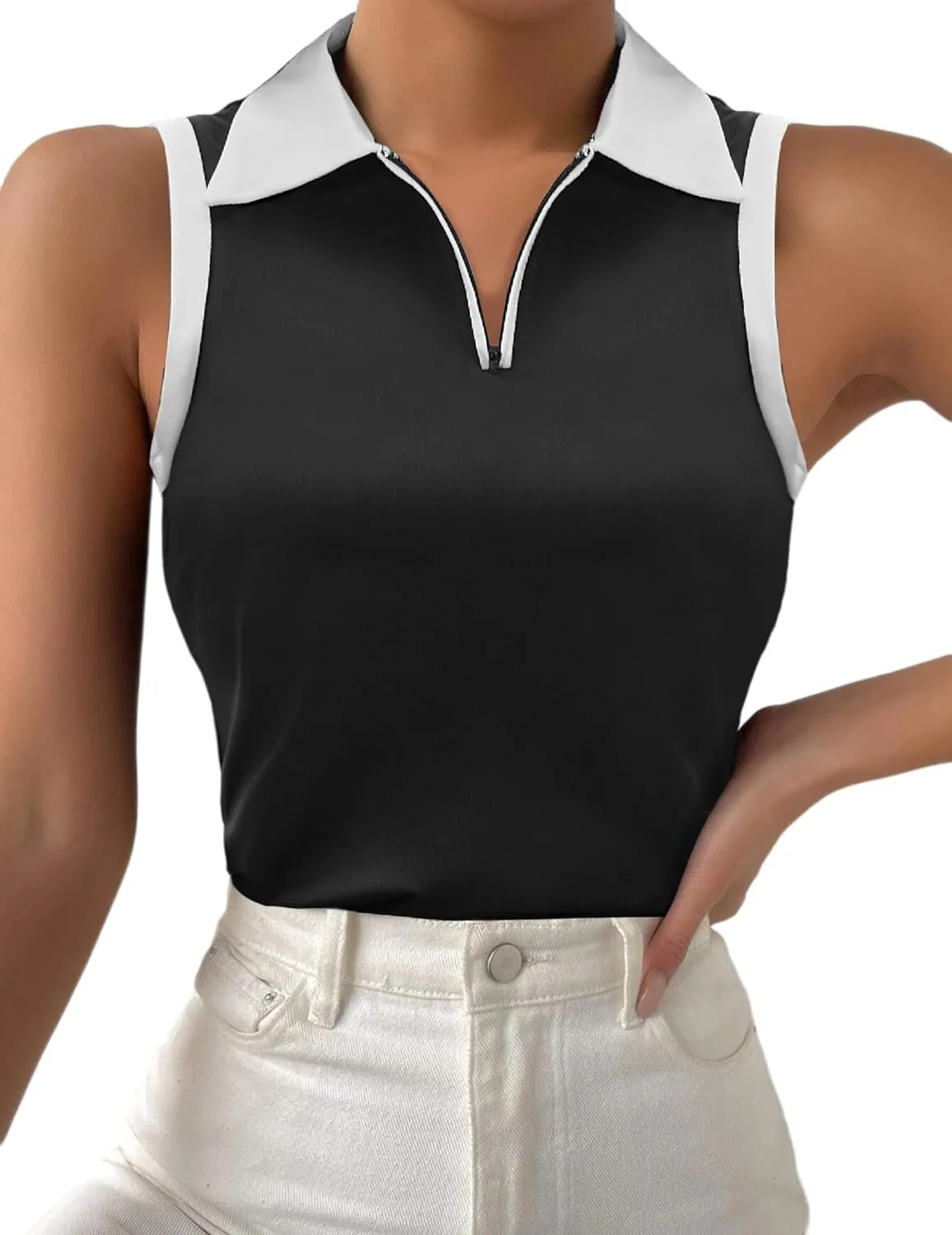Zeagoo Womens Tank Tops 2024 Casual V Neck Sleeveless Blouses Slim Fit UPF 50  Polo Shirts XS-XXL