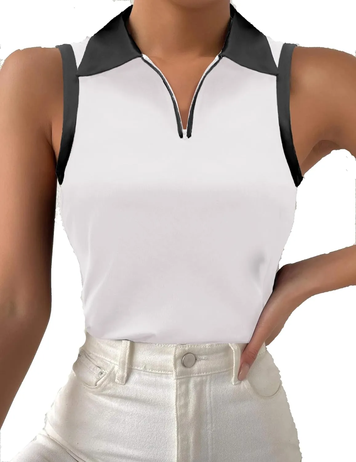 Zeagoo Womens Tank Tops 2024 Casual V Neck Sleeveless Blouses Slim Fit UPF 50  Polo Shirts XS-XXL
